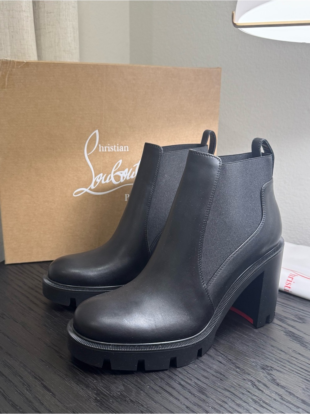 Christian Louboutin Black Leather Chunky Heel Ankle Boots